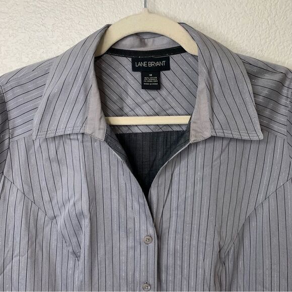 Lane Bryant Women’s Gray Metallic Striped Button Down Shirt - Picture 3 of 11
